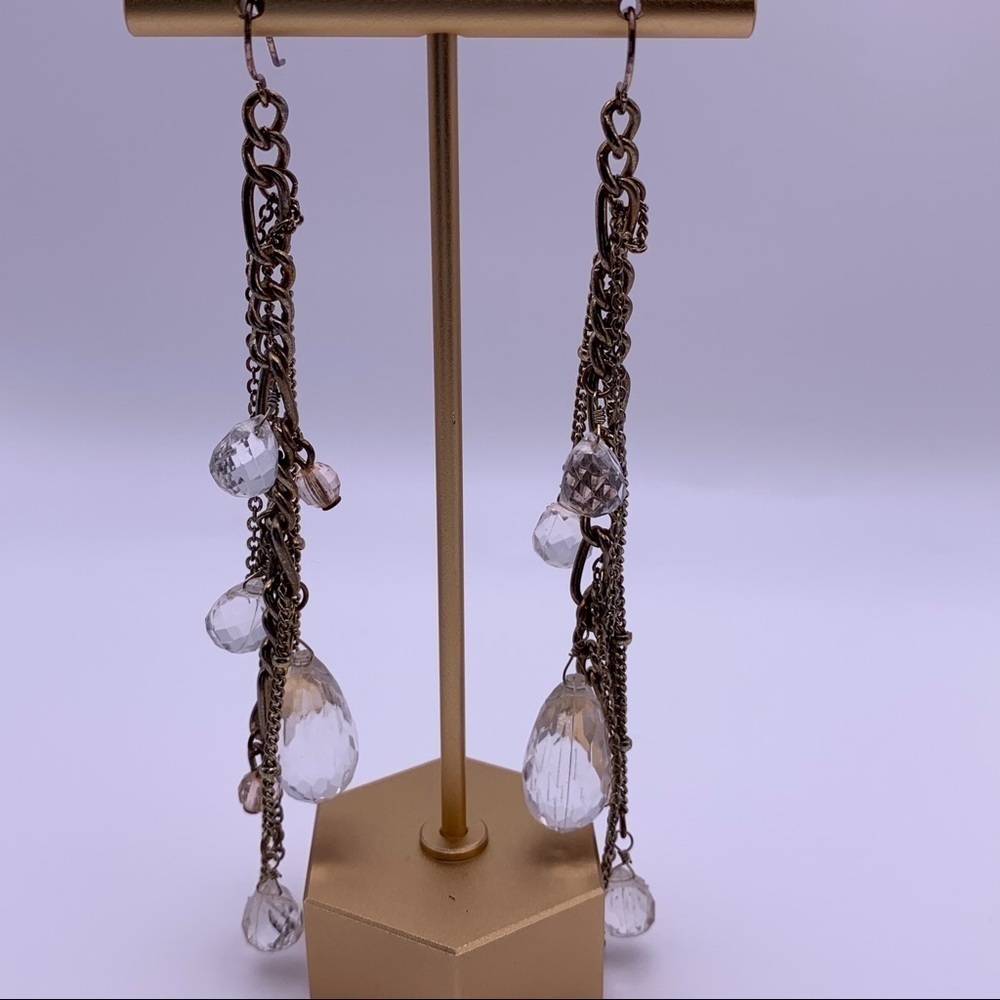 Gold Toned Chain and Clear Beaded Dangle Earrings